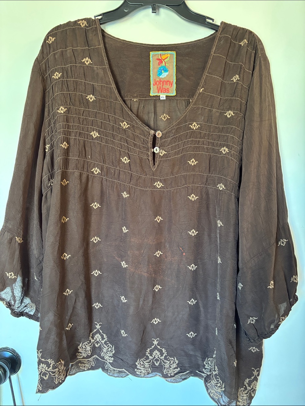 Johnny Was brown embroidered boho tunic blouse XL